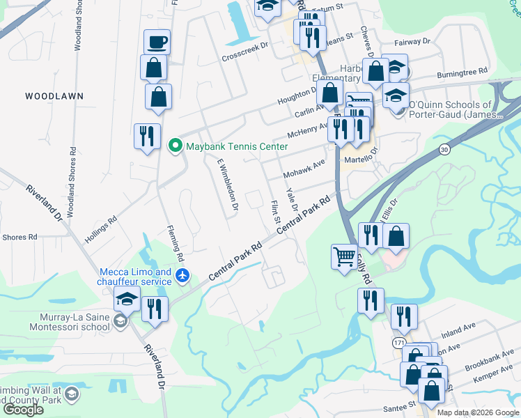 map of restaurants, bars, coffee shops, grocery stores, and more near 633 Flint Street in Charleston