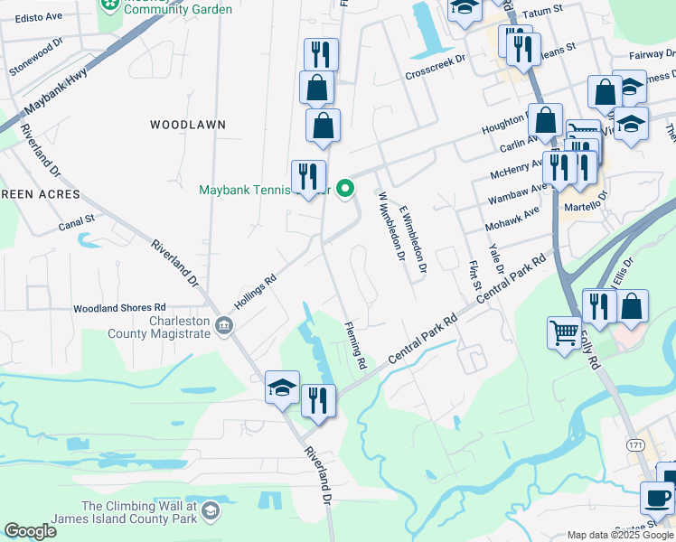 map of restaurants, bars, coffee shops, grocery stores, and more near 527 Fleming Road in Charleston