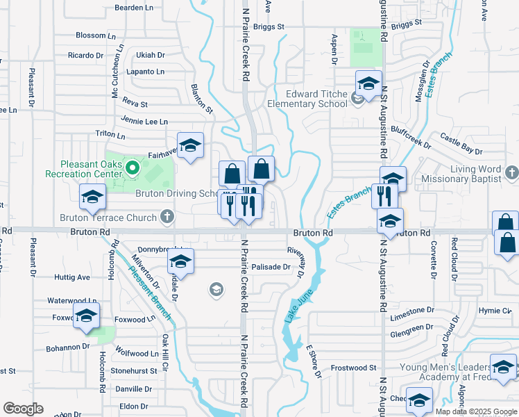 map of restaurants, bars, coffee shops, grocery stores, and more near 2150 North Prairie Creek Road in Dallas
