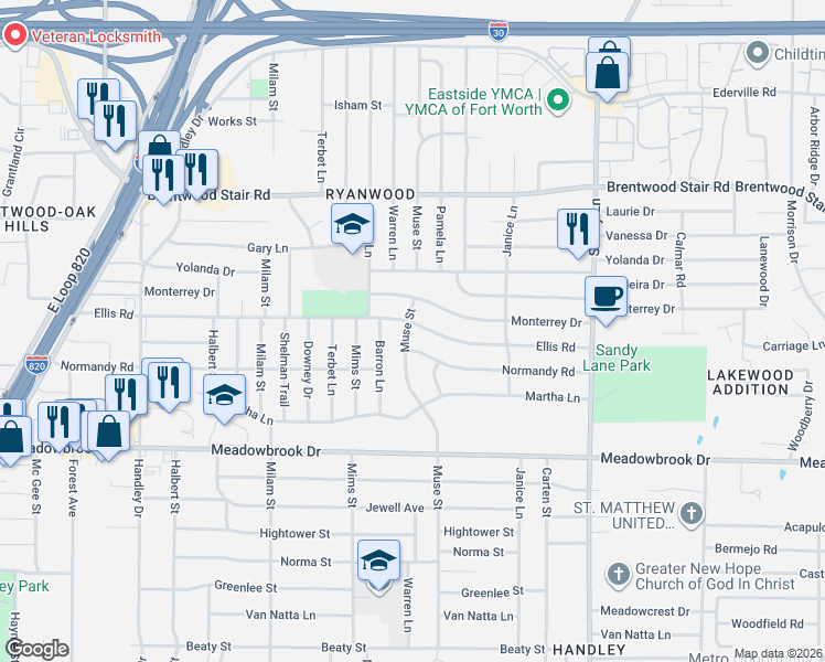 map of restaurants, bars, coffee shops, grocery stores, and more near 1959 Muse Street in Fort Worth