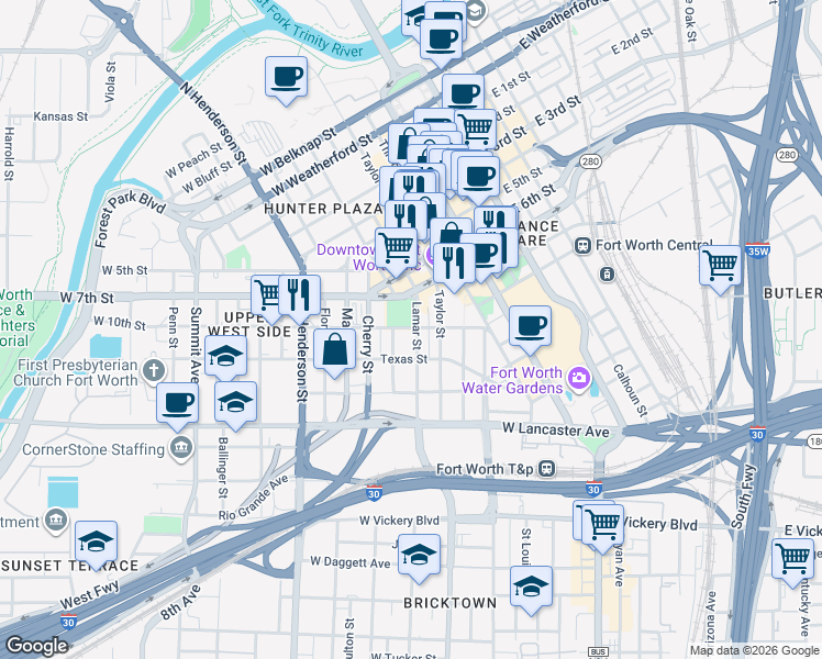 map of restaurants, bars, coffee shops, grocery stores, and more near 501 West 10th Street in Fort Worth