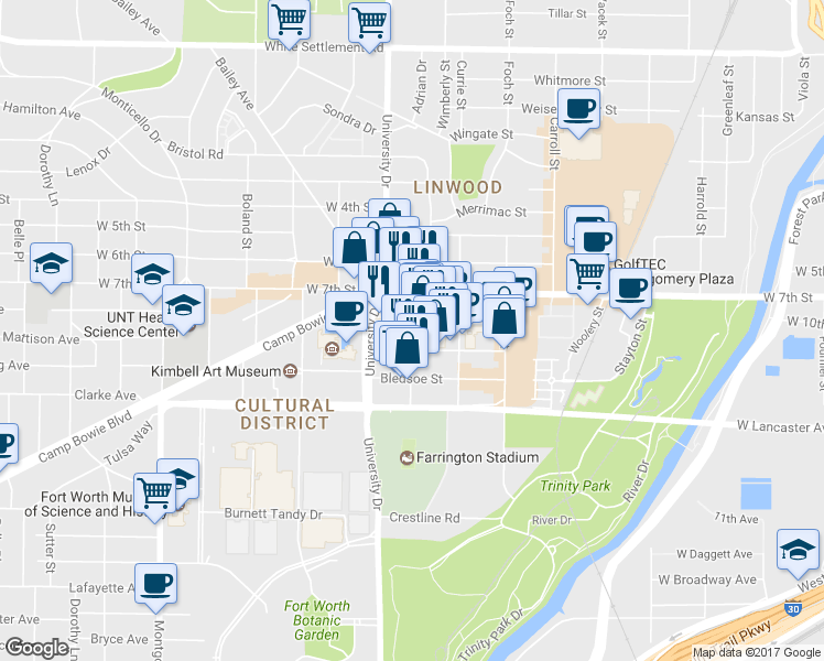 map of restaurants, bars, coffee shops, grocery stores, and more near in Fort Worth