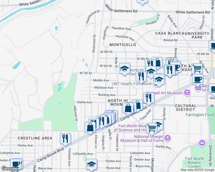 map of restaurants, bars, coffee shops, grocery stores, and more near 3933 Mattison Avenue in Fort Worth
