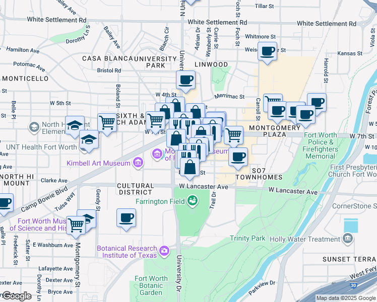 map of restaurants, bars, coffee shops, grocery stores, and more near 3001 Crockett Street in Fort Worth