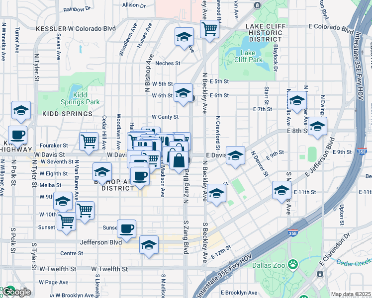 map of restaurants, bars, coffee shops, grocery stores, and more near 195 West Davis Street in Dallas
