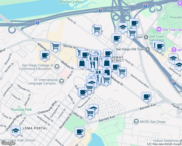 map of restaurants, bars, coffee shops, grocery stores, and more near 3185 Midway Drive in San Diego