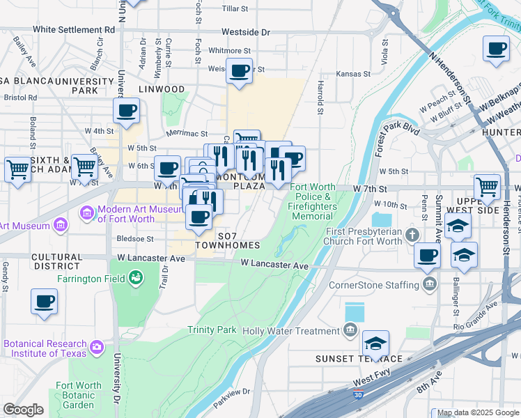 map of restaurants, bars, coffee shops, grocery stores, and more near 900 Matisse Drive in Fort Worth