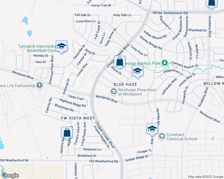 map of restaurants, bars, coffee shops, grocery stores, and more near 10217 Maverick Drive in Fort Worth