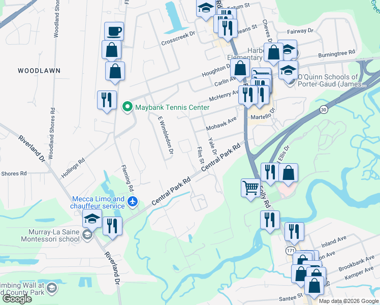 map of restaurants, bars, coffee shops, grocery stores, and more near 633 Flint Street in Charleston