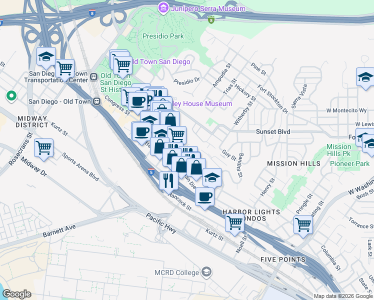 map of restaurants, bars, coffee shops, grocery stores, and more near 3975 Old Town Avenue in San Diego