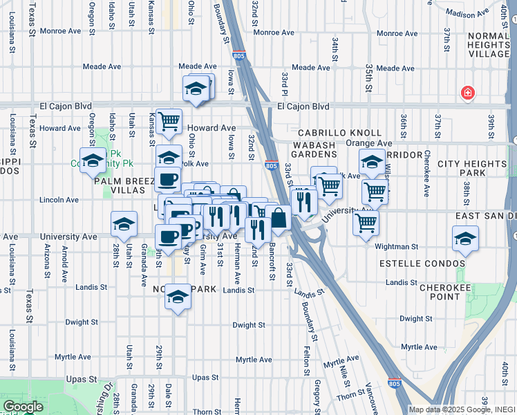 map of restaurants, bars, coffee shops, grocery stores, and more near 3977 32nd Street in San Diego