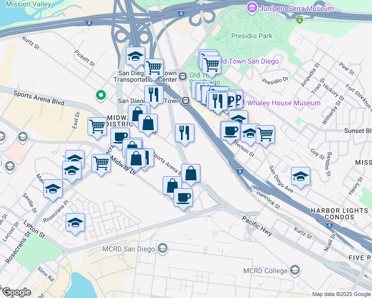 map of restaurants, bars, coffee shops, grocery stores, and more near 4401 Pacific Highway in San Diego