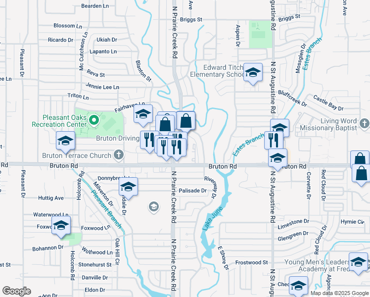 map of restaurants, bars, coffee shops, grocery stores, and more near 2150 North Prairie Creek Road in Dallas
