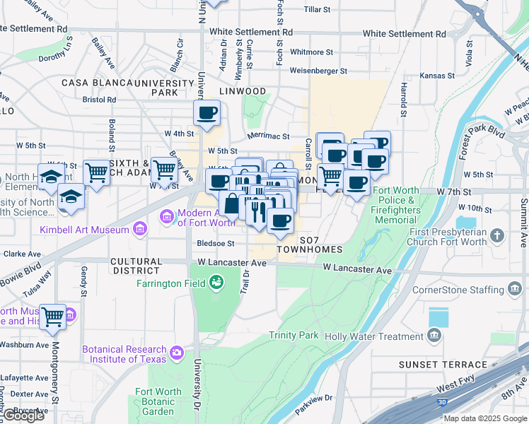 map of restaurants, bars, coffee shops, grocery stores, and more near 2833 Crockett Street in Fort Worth