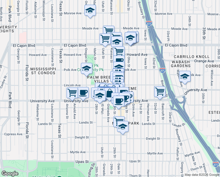 map of restaurants, bars, coffee shops, grocery stores, and more near 3978 Kansas Street in San Diego