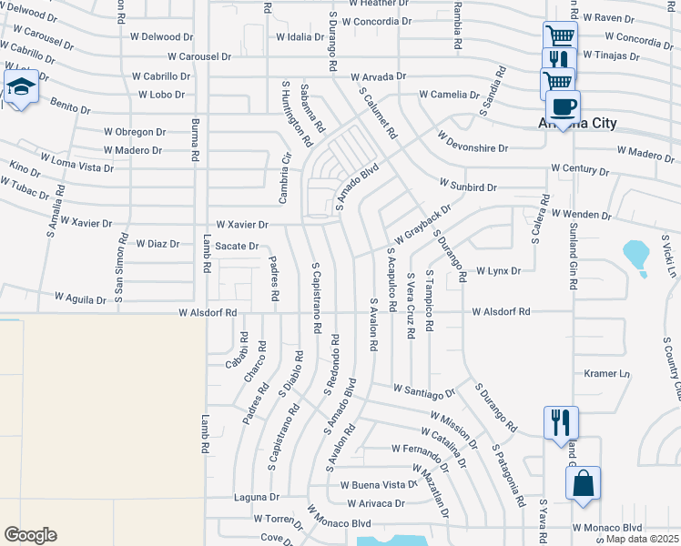 map of restaurants, bars, coffee shops, grocery stores, and more near 14356 South Redondo Road in Arizona City