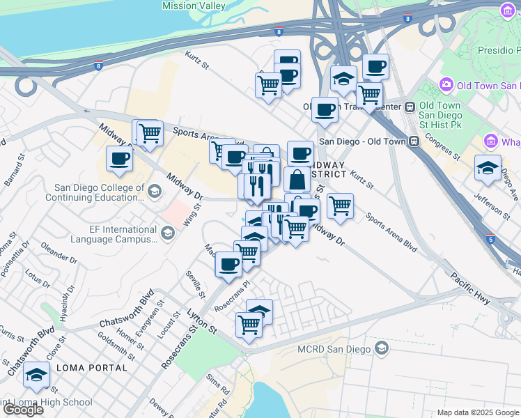 map of restaurants, bars, coffee shops, grocery stores, and more near 3330 Gaines Street in San Diego
