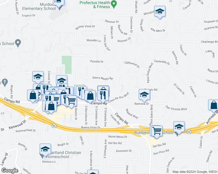 map of restaurants, bars, coffee shops, grocery stores, and more near 3967 North Granada Avenue in Spring Valley