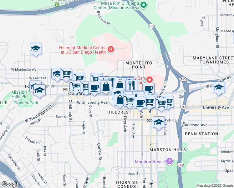 map of restaurants, bars, coffee shops, grocery stores, and more near W Washington St & Front St in San Diego