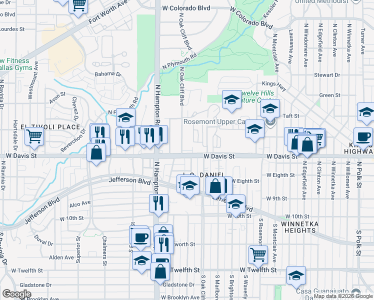 map of restaurants, bars, coffee shops, grocery stores, and more near 610 North Oak Cliff Boulevard in Dallas