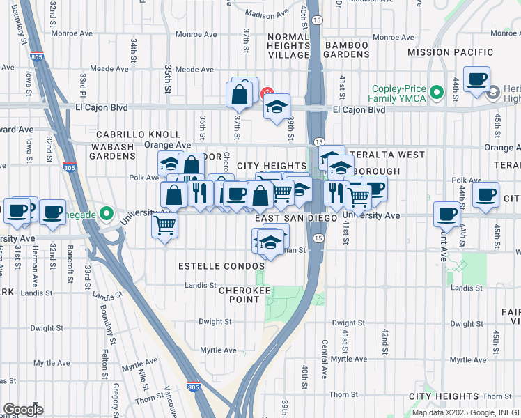 map of restaurants, bars, coffee shops, grocery stores, and more near 3725 University Avenue in San Diego