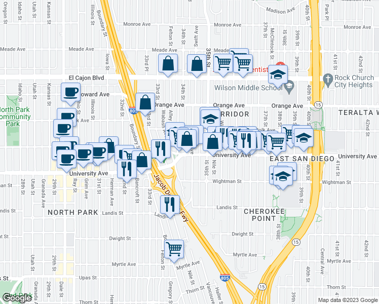 map of restaurants, bars, coffee shops, grocery stores, and more near 3446 University Avenue in San Diego