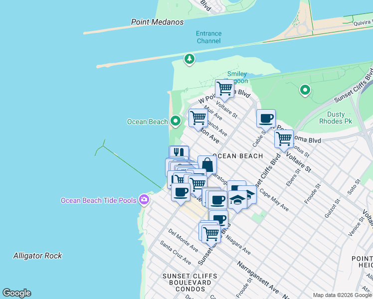 map of restaurants, bars, coffee shops, grocery stores, and more near 5112 Saratoga Avenue in San Diego
