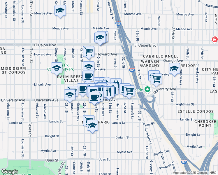map of restaurants, bars, coffee shops, grocery stores, and more near 3979 Illinois Street in San Diego