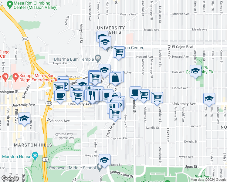 map of restaurants, bars, coffee shops, grocery stores, and more near 3978 Park Boulevard in San Diego