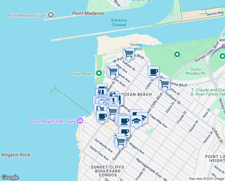 map of restaurants, bars, coffee shops, grocery stores, and more near 5077 Cape May Avenue in San Diego