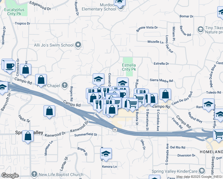 map of restaurants, bars, coffee shops, grocery stores, and more near 3849 Conrad Drive in Spring Valley