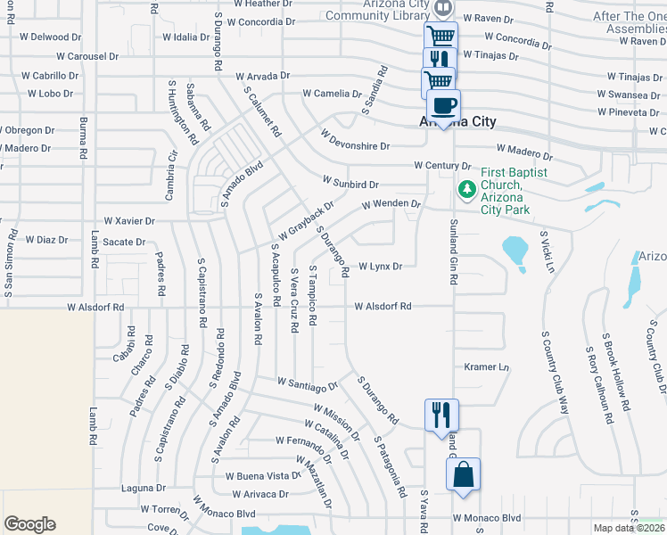 map of restaurants, bars, coffee shops, grocery stores, and more near 14300 South Durango Road in Arizona City