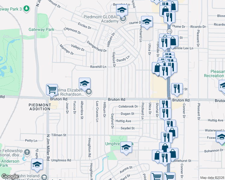 map of restaurants, bars, coffee shops, grocery stores, and more near 2114 Hillburn Drive in Dallas
