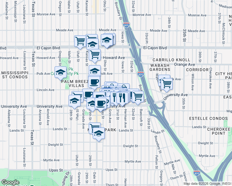 map of restaurants, bars, coffee shops, grocery stores, and more near 3979 Illinois Street in San Diego