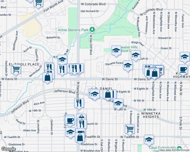 map of restaurants, bars, coffee shops, grocery stores, and more near 610 North Oak Cliff Boulevard in Dallas