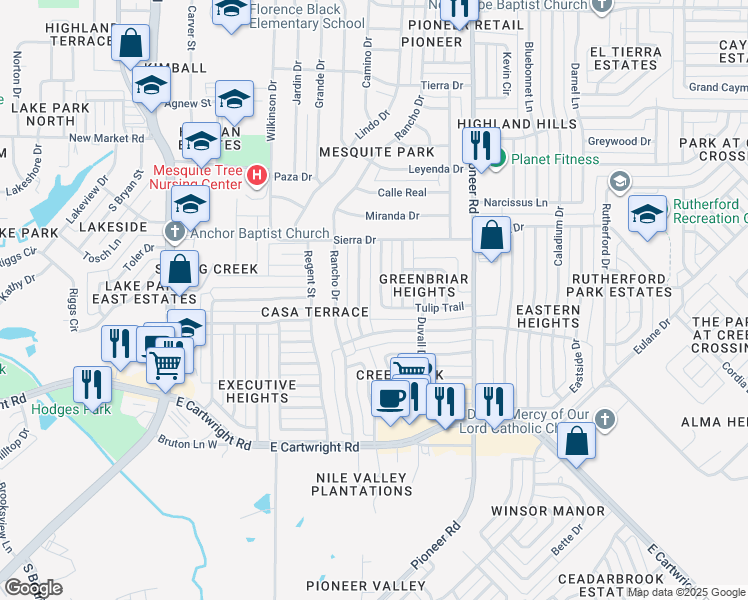 map of restaurants, bars, coffee shops, grocery stores, and more near 1313 Tulip Trail in Mesquite