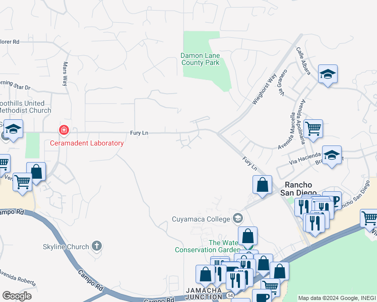 map of restaurants, bars, coffee shops, grocery stores, and more near 11515 Fury Lane in El Cajon