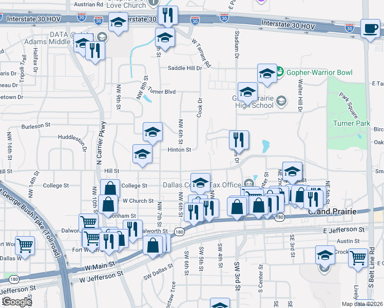 map of restaurants, bars, coffee shops, grocery stores, and more near 522 Hill Street in Grand Prairie