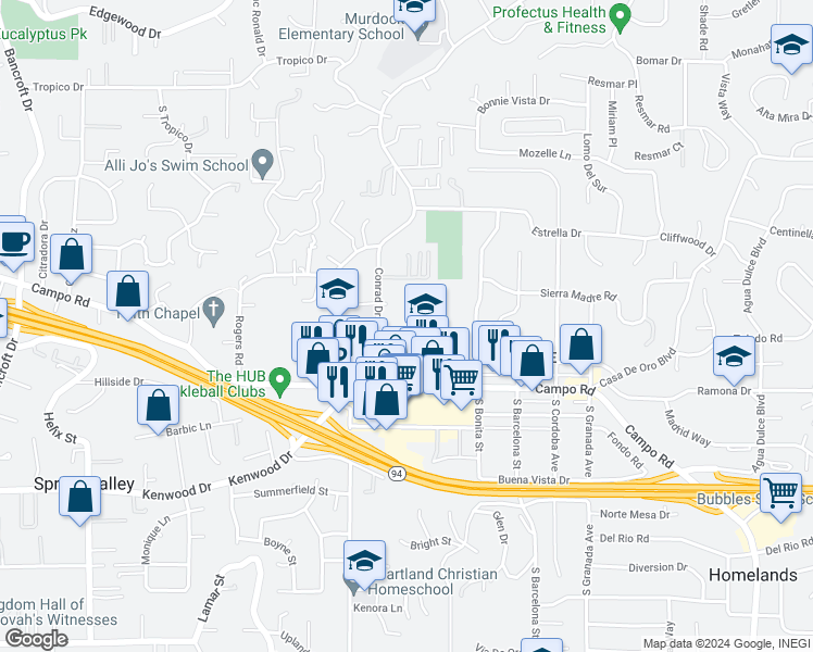 map of restaurants, bars, coffee shops, grocery stores, and more near 3849 Conrad Drive in Spring Valley