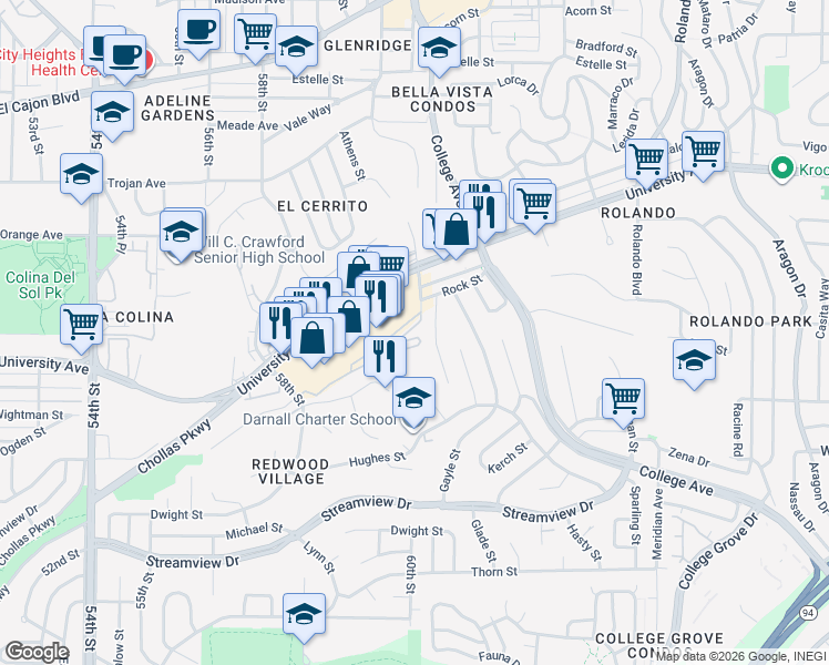 map of restaurants, bars, coffee shops, grocery stores, and more near 3992 60th Street in San Diego