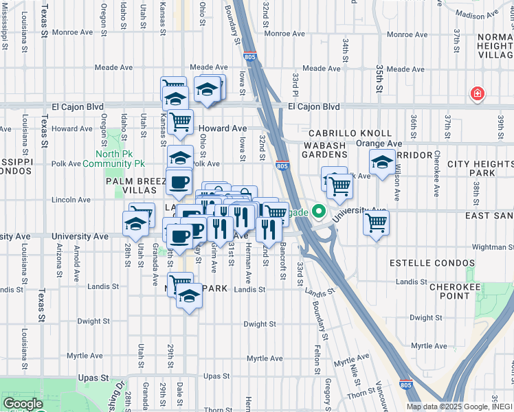 map of restaurants, bars, coffee shops, grocery stores, and more near 3939 Iowa Street in San Diego