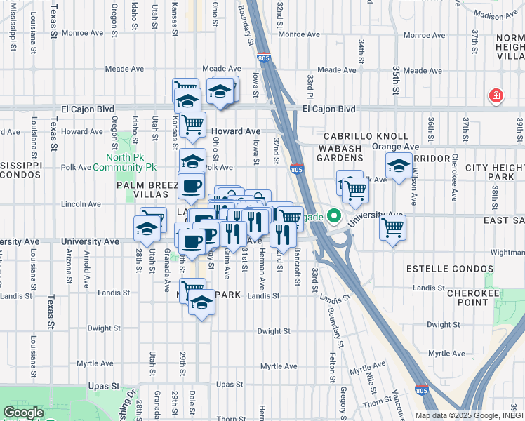 map of restaurants, bars, coffee shops, grocery stores, and more near 3939 Iowa Street in San Diego