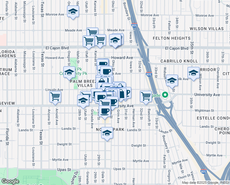 map of restaurants, bars, coffee shops, grocery stores, and more near 3951 Ohio Street in San Diego