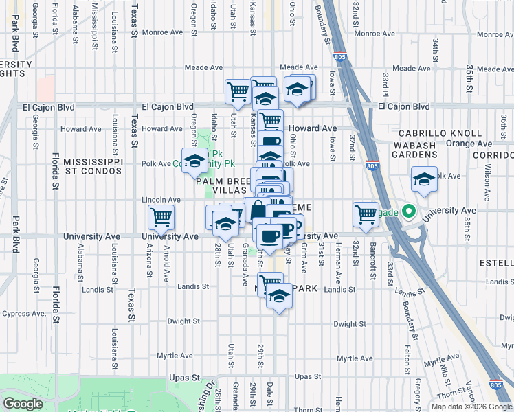 map of restaurants, bars, coffee shops, grocery stores, and more near 2922 University Avenue in San Diego