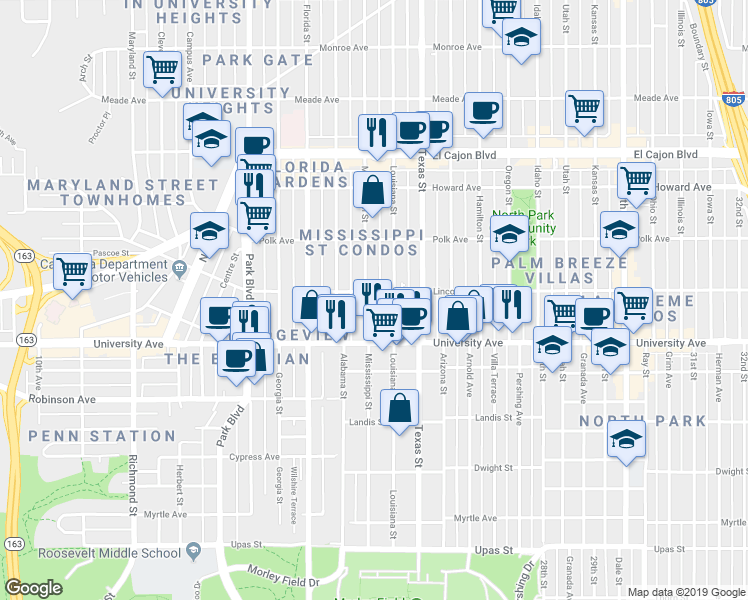 map of restaurants, bars, coffee shops, grocery stores, and more near 3948 1/2 Mississippi Street in San Diego