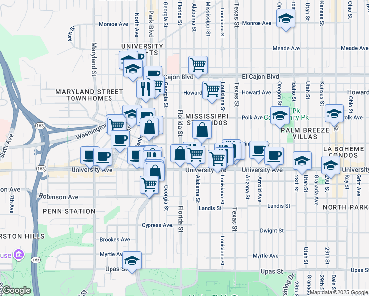 map of restaurants, bars, coffee shops, grocery stores, and more near 3948 Florida Street in San Diego