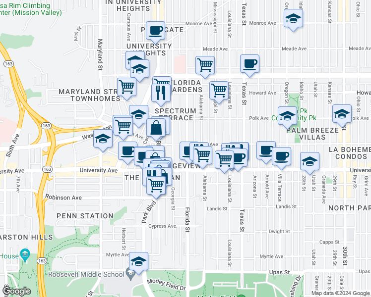 map of restaurants, bars, coffee shops, grocery stores, and more near 3948 Florida Street in San Diego