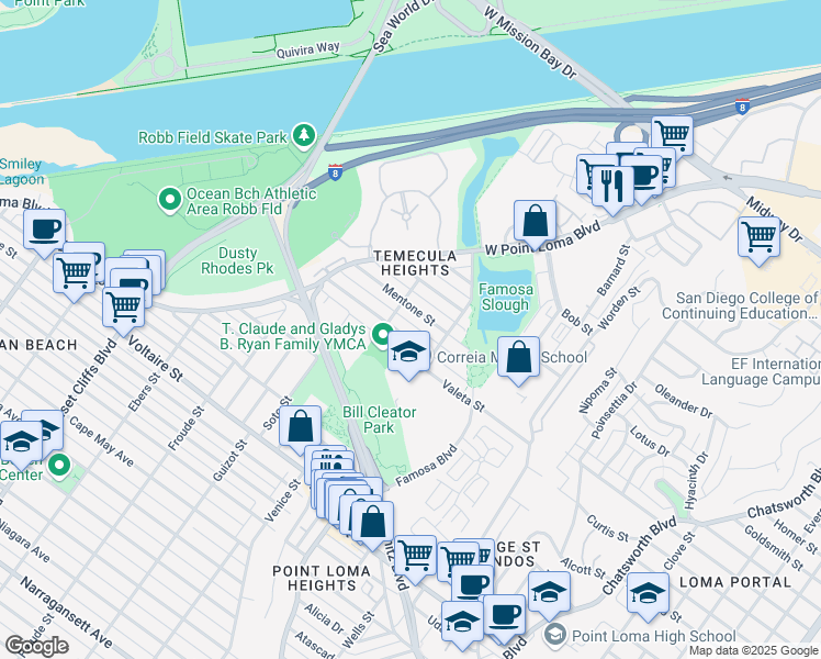 map of restaurants, bars, coffee shops, grocery stores, and more near 4390 Valeta Street in San Diego