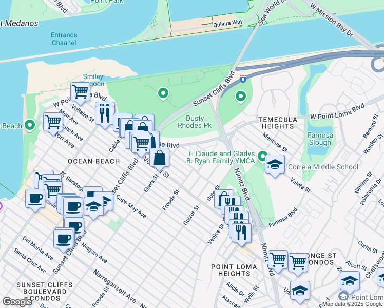 map of restaurants, bars, coffee shops, grocery stores, and more near 4621 Larkspur Street in San Diego