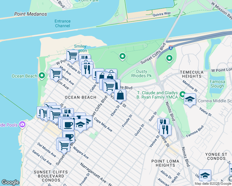 map of restaurants, bars, coffee shops, grocery stores, and more near 4719 Lotus Street in San Diego